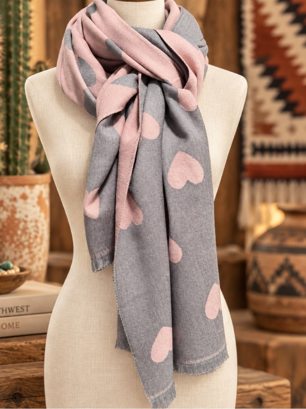 🆕❤️Soft Heart Pattern Pink and Gray Scarf